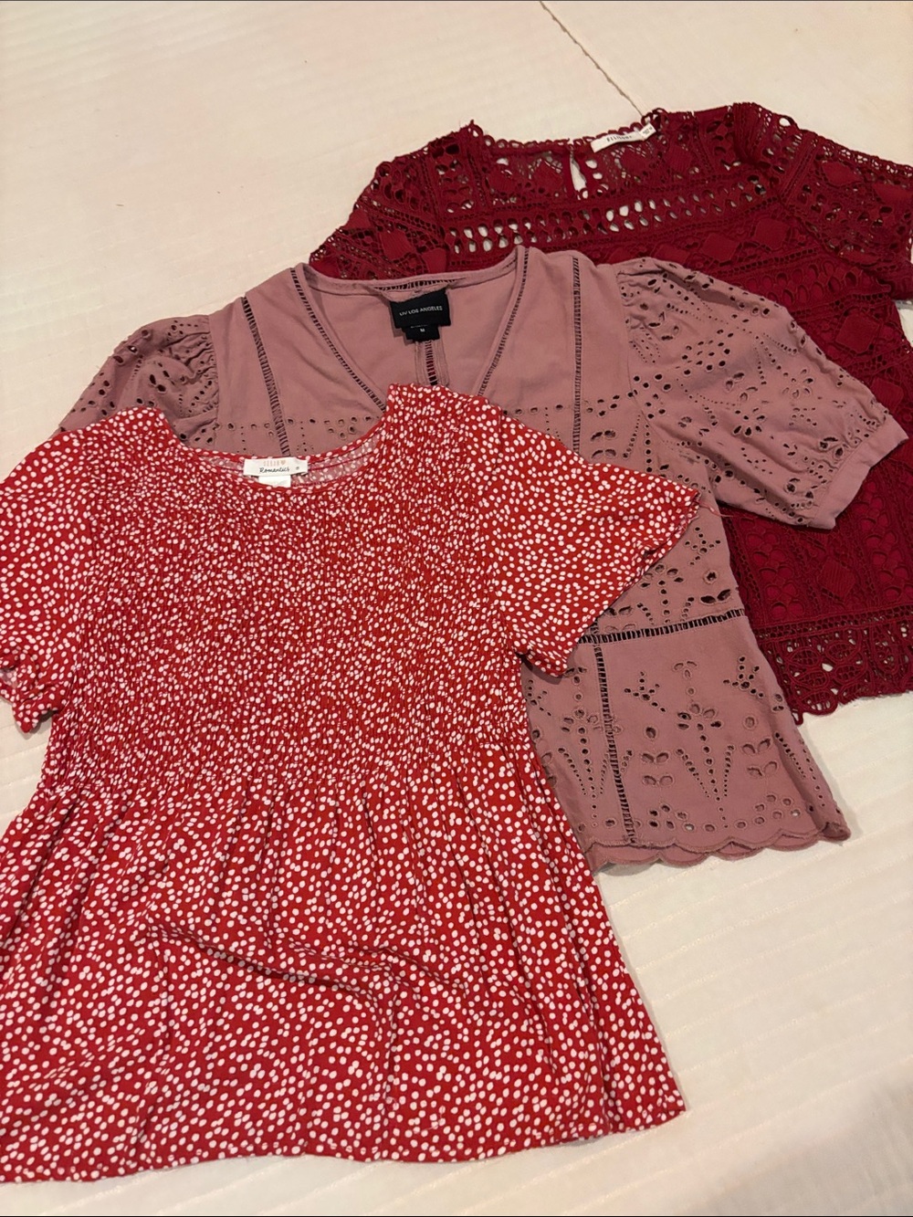 Three-Pack Short Sleeve Tops in Red, Mauve, Burgundy